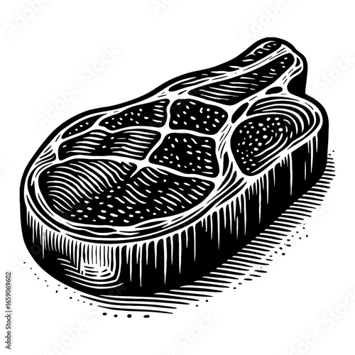 Classic Vintage Beef Steak Meat Cut Bone Black and White Outline Line Art Drawing Engraving Style