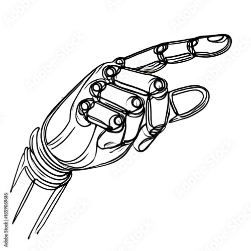 Drawing of a robot hand pointing, one continuous line, isolated on white background
