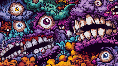 A lot of cartoon monsters with big mouths and many eyes, set against a colorful background