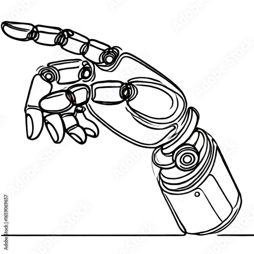 Drawing of a robot hand pointing, one continuous line, isolated on white background