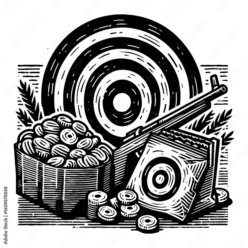 Obraz premium Shooting Range Still Life with Rifle Target Basket Clay Pigeons Black and White Outline Line Art Drawing