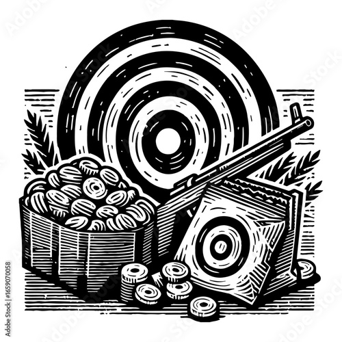 Shooting Range Still Life with Rifle Target Basket Clay Pigeons Black and White Outline Line Art Drawing