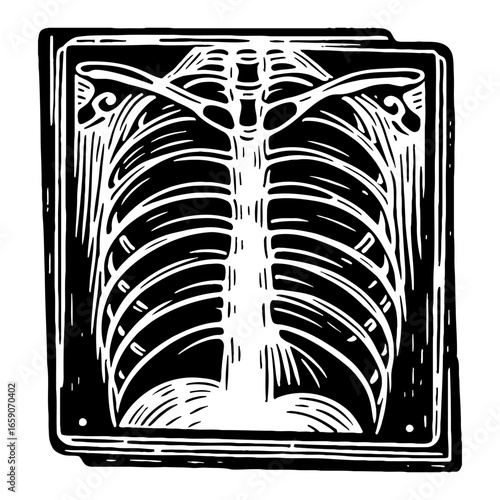 Human Rib Cage X Ray Chest Anatomy Skeletal System Medical Scan Black and White Outline Line Art Drawing
