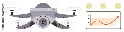 Flying drone with camera capturing data paired with a chart displaying growth and trends. Ideal for technology, innovation, analytics, market growth, data visualization, drones, modern solutions