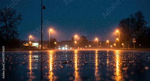 Low-Angle View of Golden Streetlight Reflections on a Rain-Soaked Urban Pavement at Night.