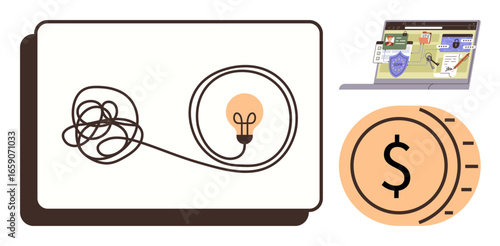 Tangled line leading to lightbulb, laptop with workflow, and coin emphasize clarity, digital workflow, and financial solutions. Ideal for innovation, strategy, problem-solving, creativity concepts