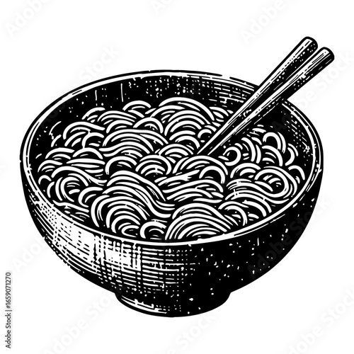 Vintage Bowl of Asian Noodles with Chopsticks Black and White Outline Line Art Drawing for Food Design