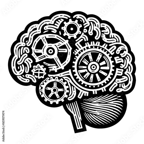 Abstract Brain with Gears and Cogs Black and White Outline Line Art Drawing Representing Mechanical Thought