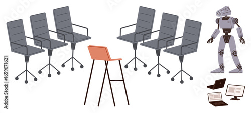 Group of office chairs surrounding a high chair, robot figure standing nearby, two laptops with open screens. Ideal for themes thumbs up innovation, AI, collaboration, technology, automation