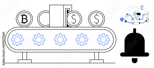 Conveyor belt moving Bitcoin and Dollar coins over gears, symbolizing automation. Includes AI-enabled robot and alert icon. Ideal for technology, finance, cryptocurrency, automation, AI, fintech