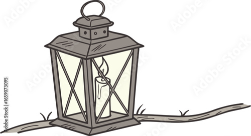 A drawing of a lantern hanging from a tree branch, illuminated against a simple background.