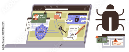 Laptop with interconnected GDPR shield, user profiles, contracts, encrypted locks, and malware alert. Ideal for data security, privacy, compliance, risk management malware detection hacking simple