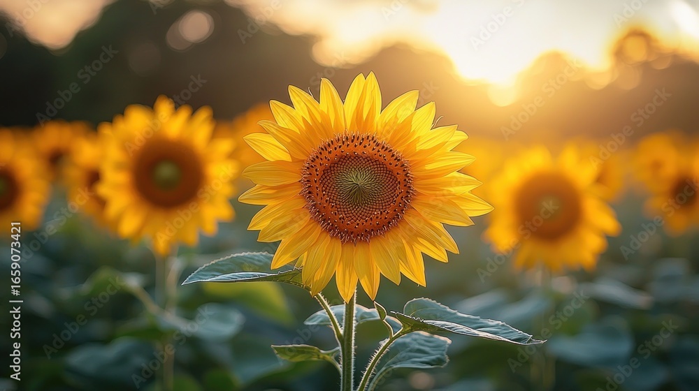 Fototapeta premium Sunflowers in a field at sunset