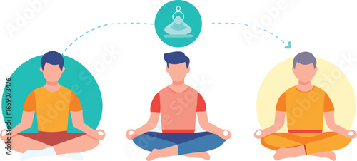 Three individuals in lotus position are seated within a circle, symbolizing unity and meditation.