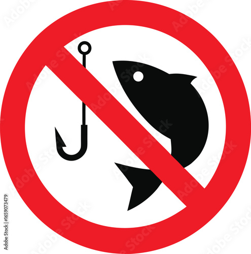 A no fishing sign featuring a fish and hook, indicating that fishing is prohibited in this area.