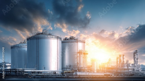 Industrial Storage Tanks at Sunset with Bright Sky and Cloud Reflection in a Large Factory Complex