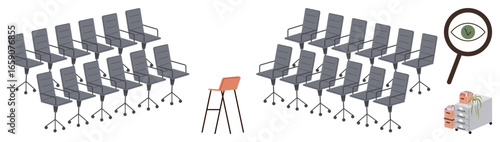 Centered red chair contrasts against rows of uniform office chairs, combined with magnifying glass and file servers. Ideal for uniqueness, focus, individuality, analysis, competition