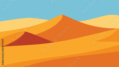 An illustration of a vast desert landscape under a clear blue sky, featuring sandy dunes and sparse vegetation.