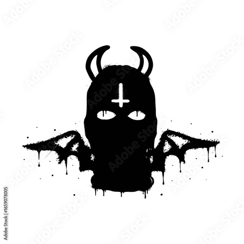 Ski Mask Balaclava Winged Demon Horns Gangster Mask Vector Illustration With Transparent Background. Great for Print, Tattoo Flash