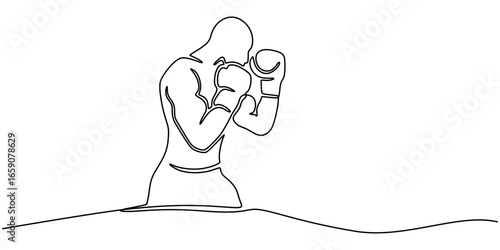 Continuous one single minimal line drawing boxing, boxing line art sport, One line drawing of a male boxer in a crouched fighting stance, wearing gloves and shorts, depicted in a continuous minimalist