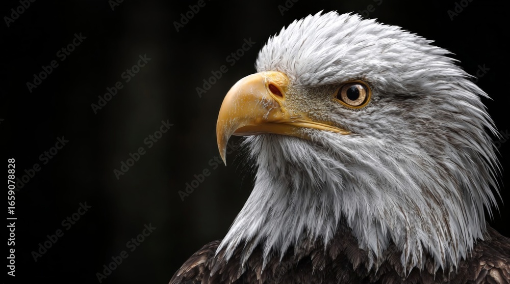 Obraz premium Majestic Eagle Portrait: A close-up shot showcases the keen eyes and powerful beak of a bald eagle, exuding strength and freedom, with a dark background.