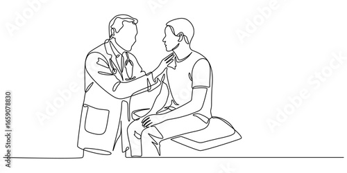 continuous one line drawing of doctor consulting senior patient, continuous line of a doctor examining a patient in a hospital room.one line drawing of a doctor using a stethoscope examining a patient