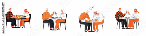 Vector of a couple on a pizza date. White and orange edition