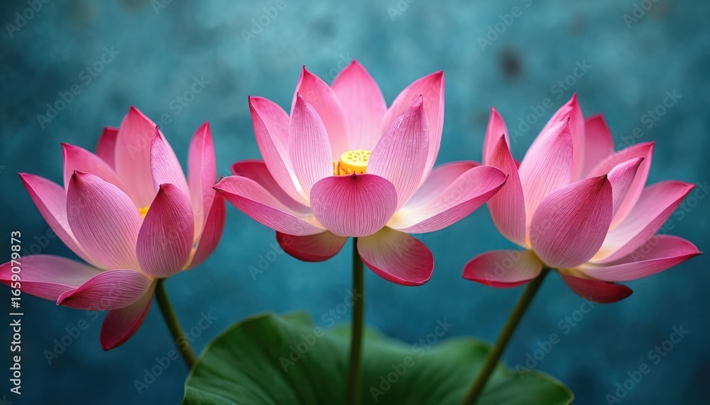 Obraz premium Three delicate pink lotus flowers with detailed petals bloom vibrantly against blurred teal background. Image evokes sense of peace, serenity, natural beauty, perfect for themes of zen, meditation,