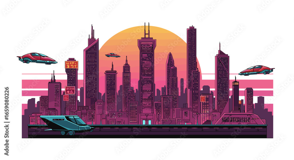 Obraz premium Pixel art cityscape with futuristic vehicles and sunset glow