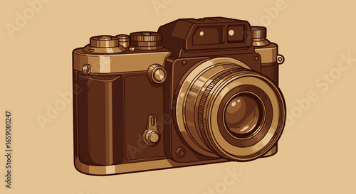 Illustration of a vintage camera with detailed lens design
