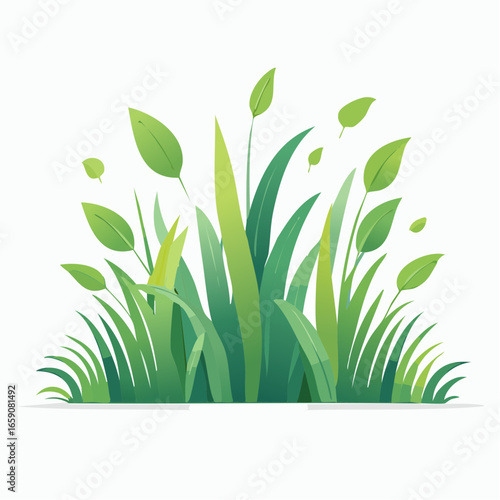 Fresh and vibrant vector illustration of simple green grass and leaves, featuring subtle botanical details and a soft gradient for a natural, flat design aesthetic