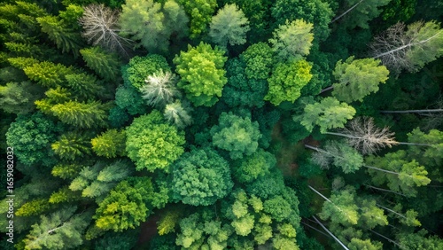 Aerial View of Green Forest Trees with Dense Natural Landscape Scenery