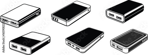 Outlines of different portable power banks shown in simple black and white.