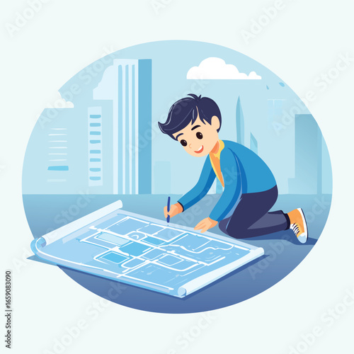 "Child drawing futuristic city blueprint on large paper, symbol of creativity, imagination, and urban planning