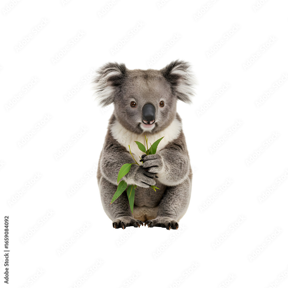 Obraz premium Cute koala sitting with eucalyptus leaves isolated on white background adorable wildlife animal
