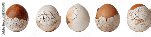 Five eggs with varying degrees of cracked shells