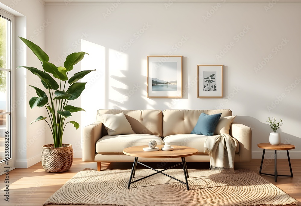 Sunlit living room with beige sofa, wooden coffee table, potted plant, and framed artwork. Sunlit living room with beige sofa, wooden coffee table, potted plant, and framed artwork.