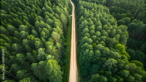 Aerial View of Dirt Road Through Dense Green Forest Landscape