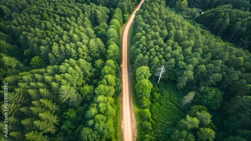 Aerial View of Dirt Road Through Dense Green Forest Landscape