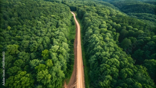 Aerial View of Dirt Road Through Dense Green Forest Landscape