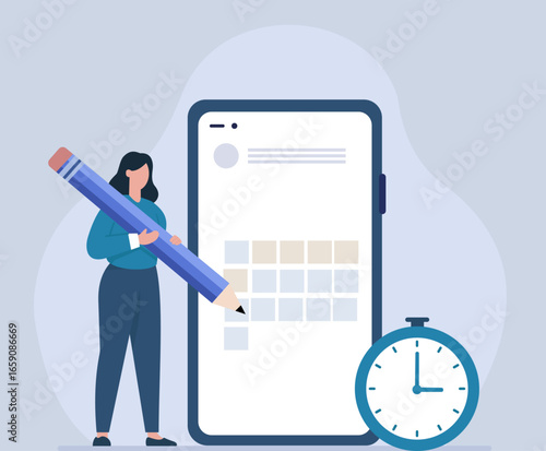 A woman plans her schedule on a mobile app with a large pencil, symbolizing digital organization, productivity, and time management