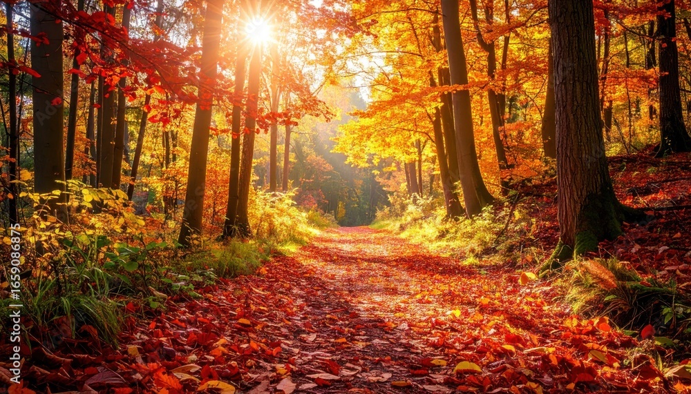Naklejka premium Vibrant Autumn Forest Path with Sunlight