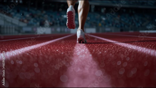 Wallpaper Mural A close-up of a sprinter's feet on a wet red track, highlighting the texture of the surface and the running shoes. Torontodigital.ca