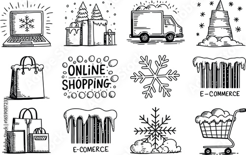 Winter online shopping and e-commerce icons Keywords: online shopping, e-commerce, shopping bags