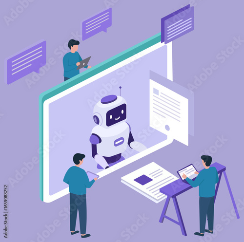 People interacting with an AI chatbot on a screen, representing concepts of automated customer support, machine learning, and modern communication technology