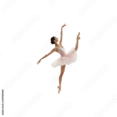 Graceful ballerina dancing in elegant pose wearing white tutu isolated on clean studio background