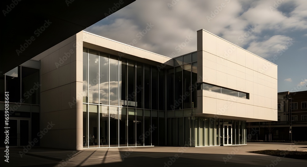 Fototapeta premium Modern architecture shines with glass reflecting cloudy skies