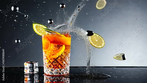 Vibrant cocktail splashing in a crystal glass with citrus slices against a dark background