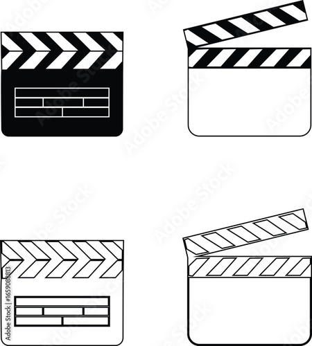 Studio clapperboard icon set used in video film production. Essential for marking scenes in movie shoots. whether Bollywood, Hollywood, live streaming. highlighting action, direction, and equipment.