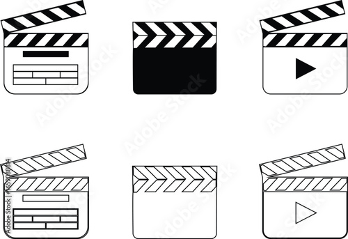 Studio clapperboard icon set used in video film production. Essential for marking scenes in movie shoots. whether Bollywood, Hollywood, live streaming. highlighting action, direction, and equipment.